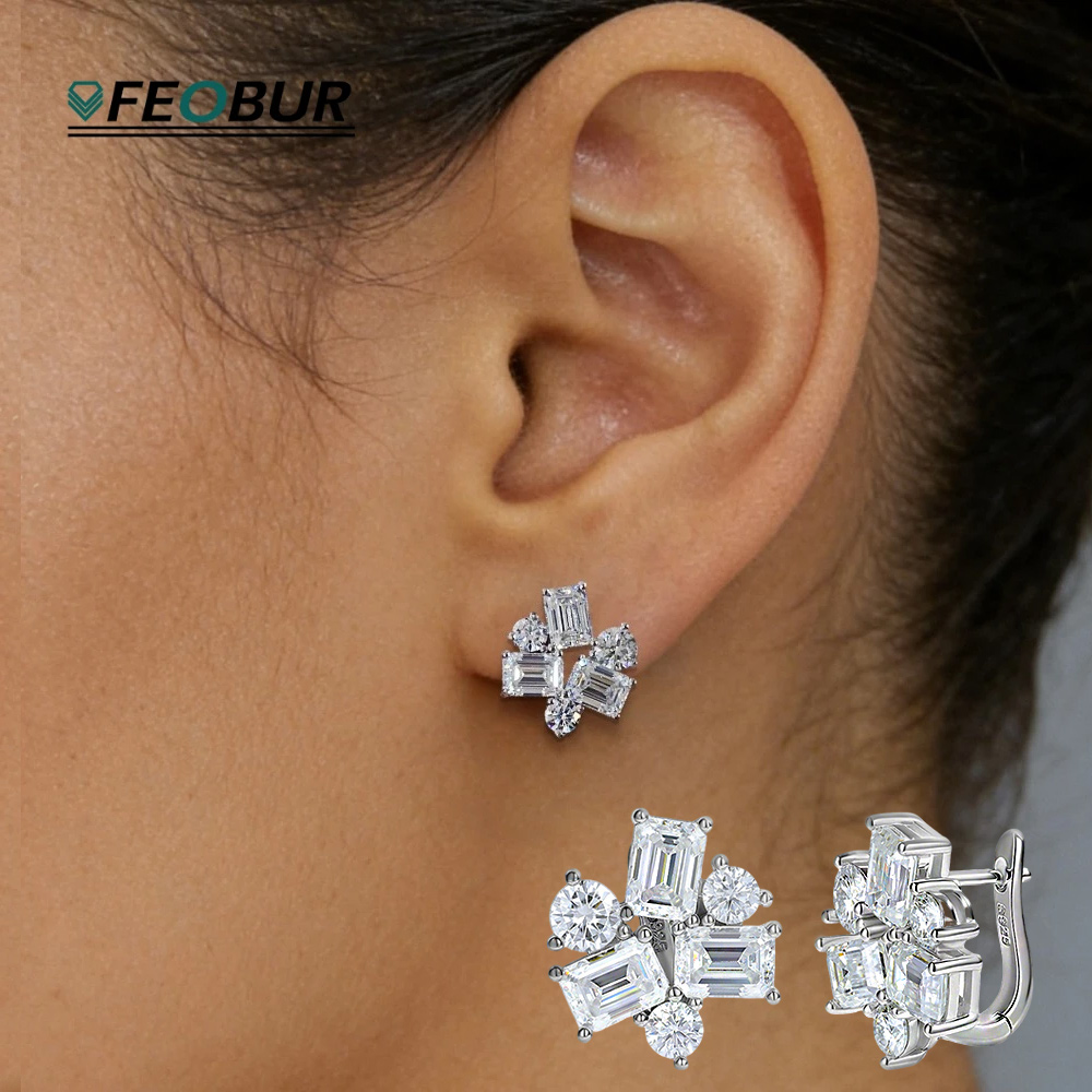 Cluster Stud Ear - Серьги-пусеты с муассанитами (8.2 карата, багетная